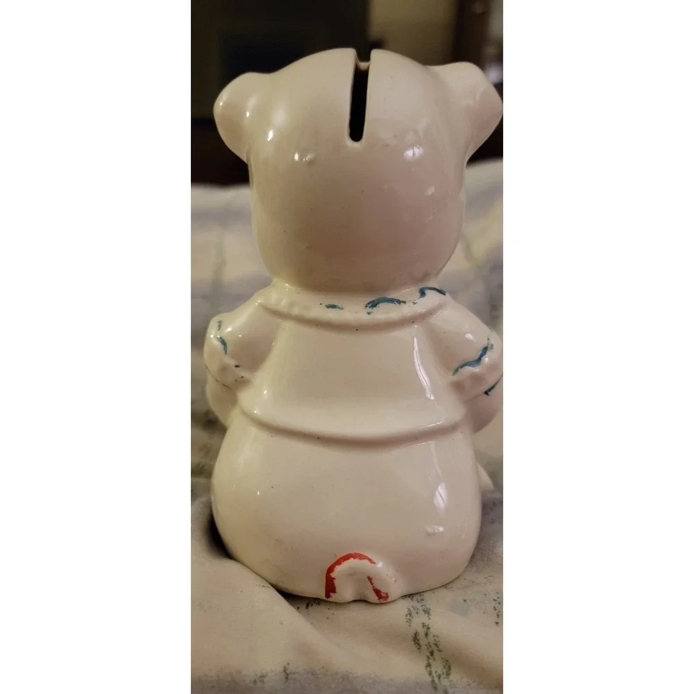 Vintage Lefton Bisque Pottery Ceramic PORCELAIN Pig Piggy Bank RED Bow tie